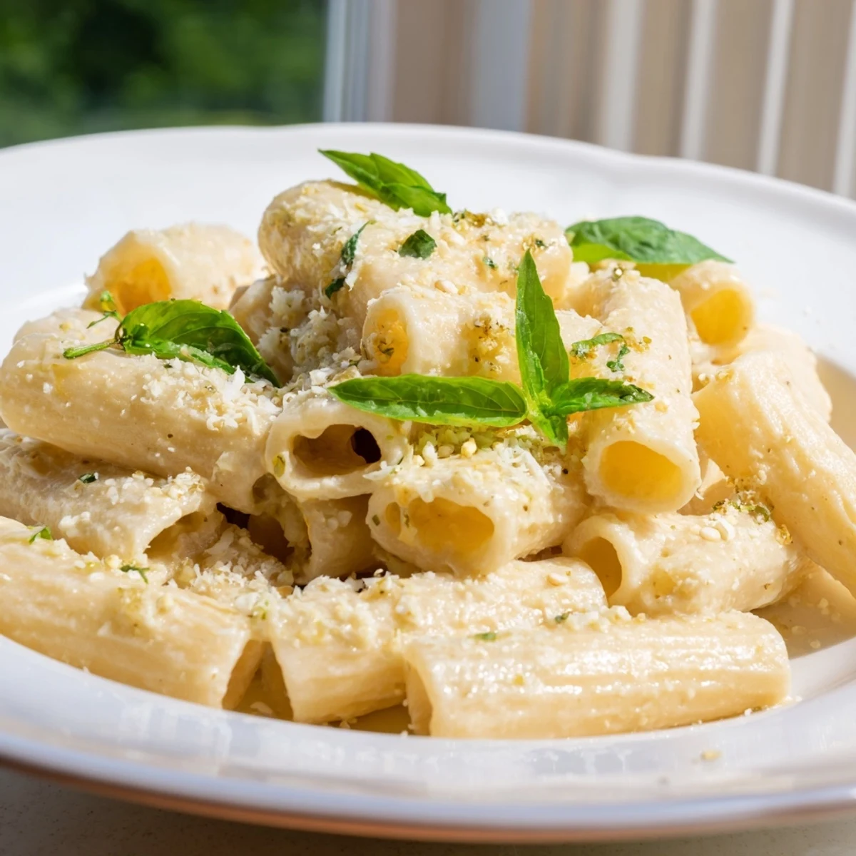 Steaming bowl of creamy cottage cheese pasta, ready to be enjoyed with fresh basil garnish.