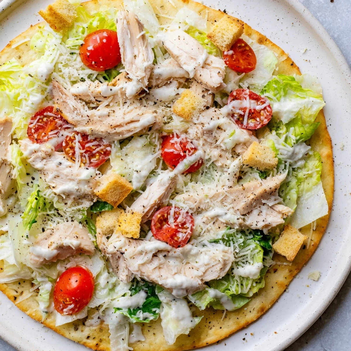 Chicken Caesar flatbread with melted mozzarella, showcasing crisp romaine and juicy tomatoes.