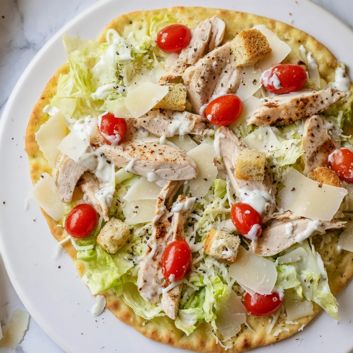 Delicious Chicken Caesar flatbread with grilled chicken, perfect for a quick and satisfying dinner.