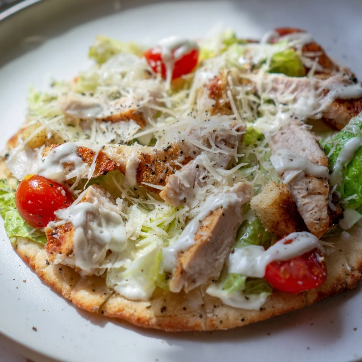 Golden-crusted chicken Caesar flatbread, topped with fresh Parmesan and a creamy Caesar drizzle.
