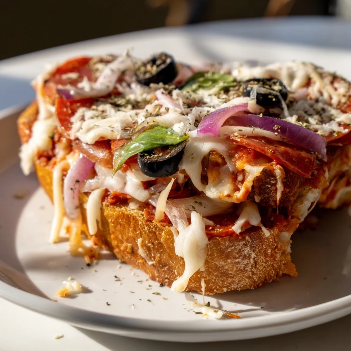 Golden, bubbly, and cheesy: a close-up of perfectly broiled Pizza Toast 2.0 with pepperoni.