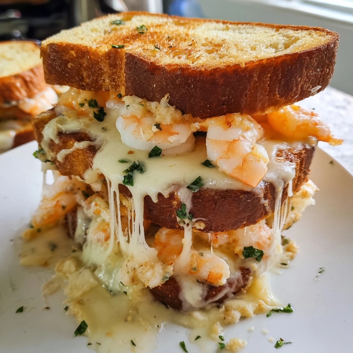 Quick Shrimp Grilled Cheese, featuring golden sourdough and molten cheese with tender, savory shrimp.