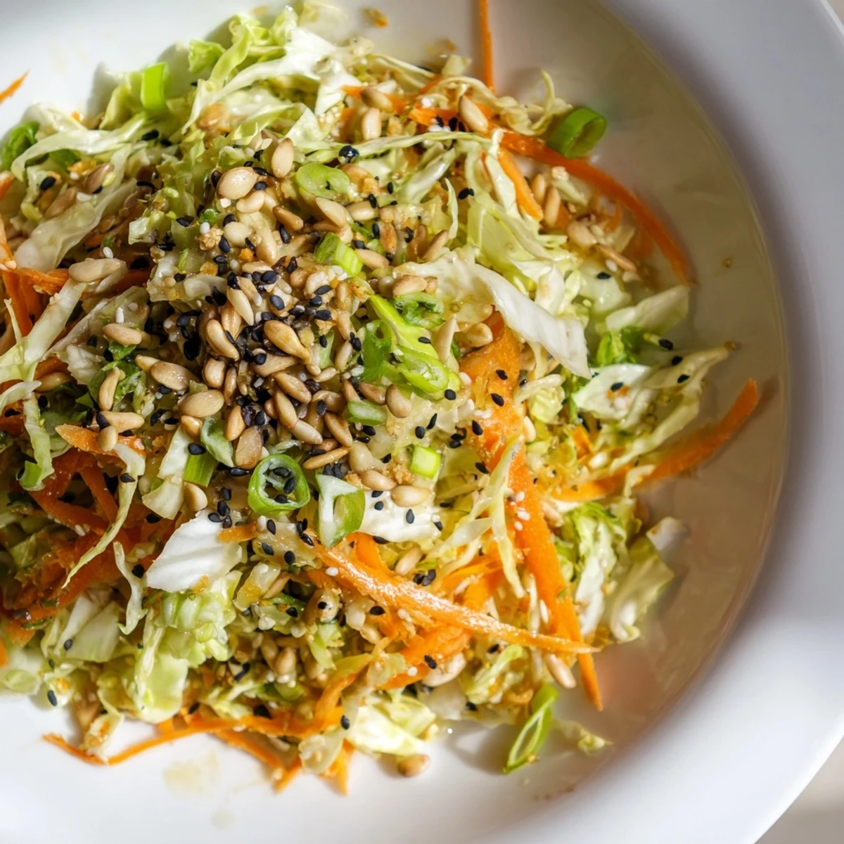 Fresh and colorful Cabbage-Core Slaw Salad, bursting with crunchy vegetables and sesame dressing.