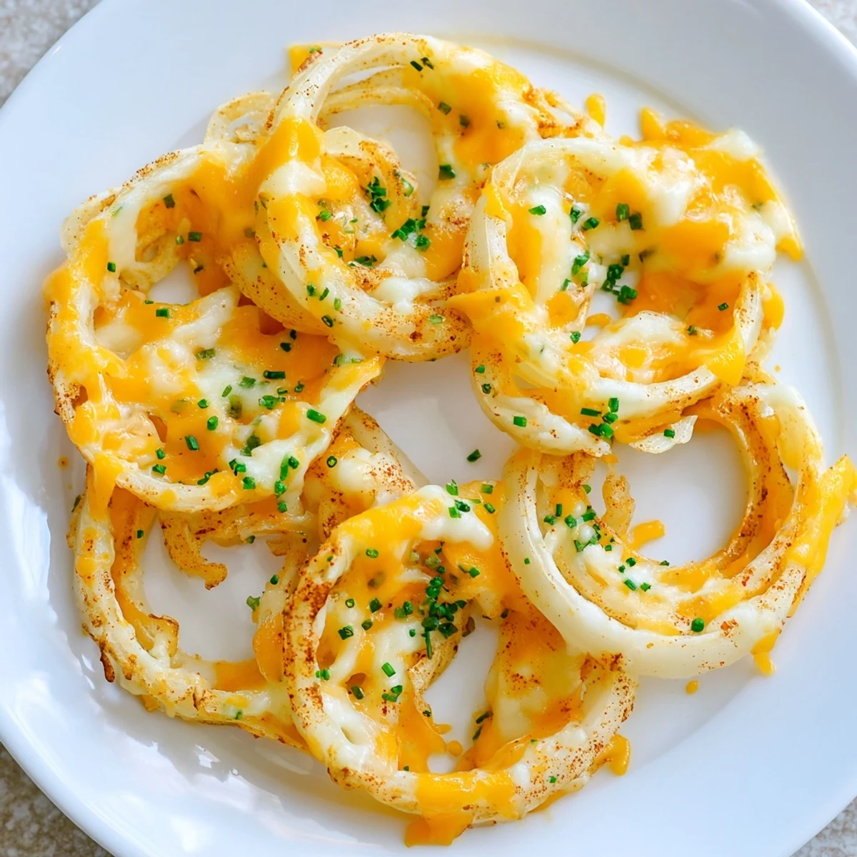 Indulge in crispy onion cheese chips: golden, air-fried onions topped with bubbly, melted cheese.