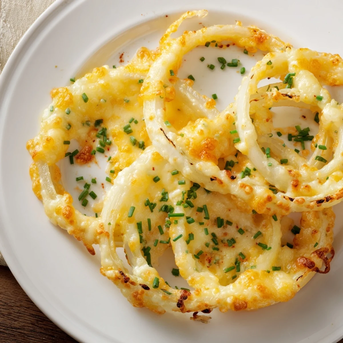 Close-up of golden, cheese-covered crispy onion cheese chips, ready to eat, flavorful and irresistible.