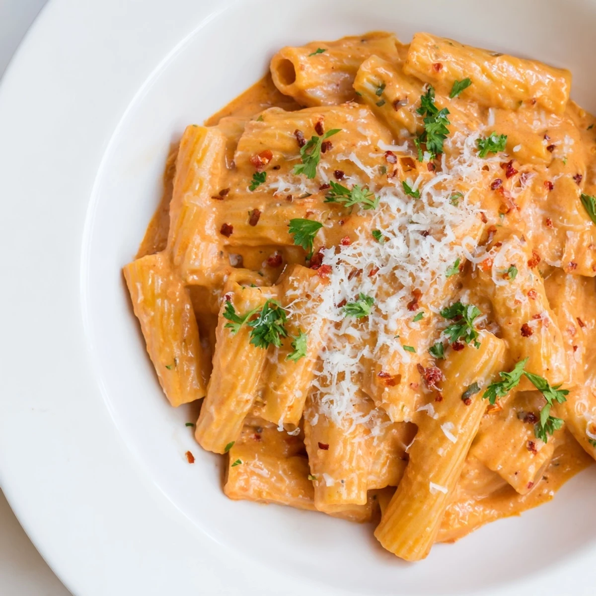 Creamy Gigi Hadid-Style Spicy Rigatoni pasta twirled, showcasing a fiery tomato vodka sauce and fresh parsley.
