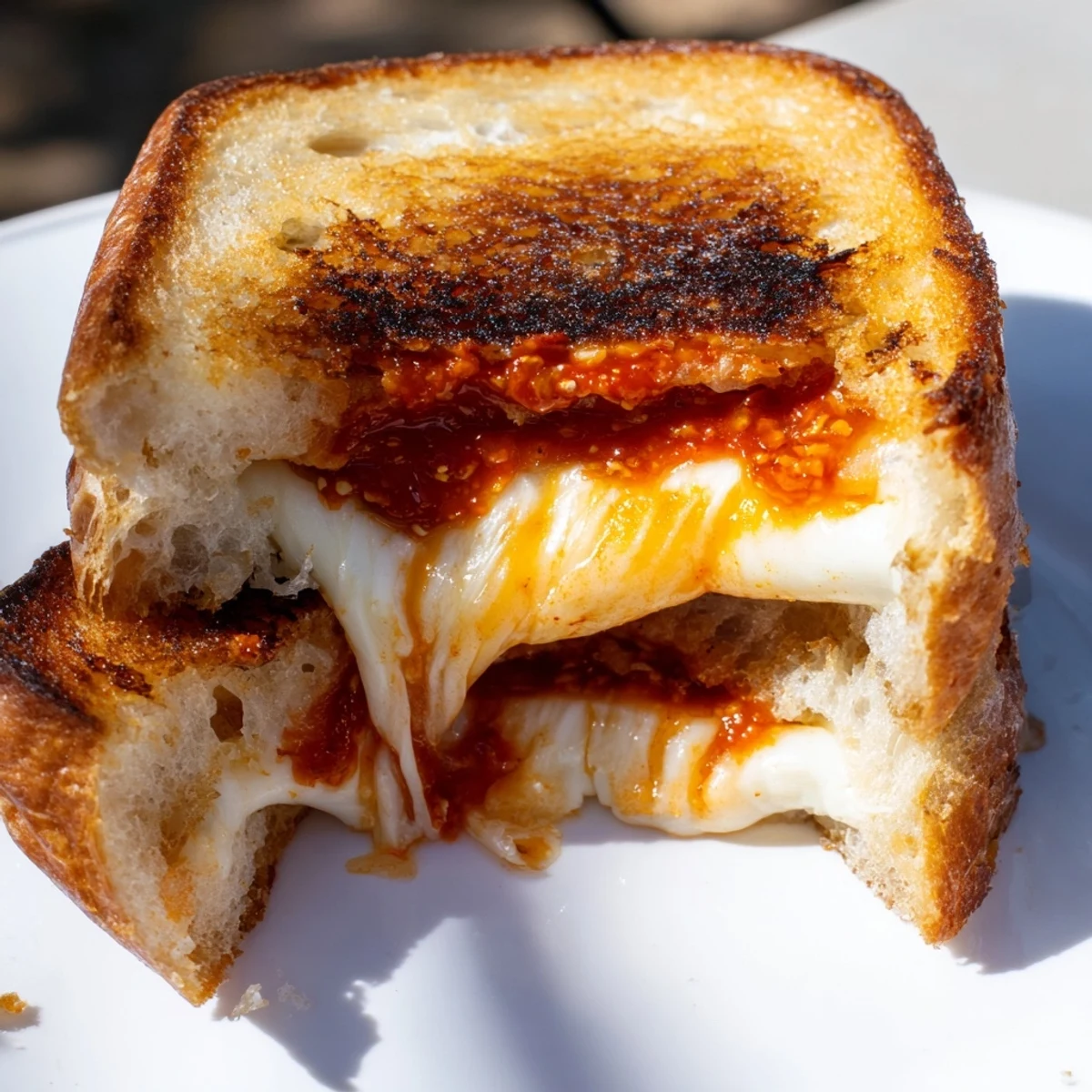 Golden-brown Brie and Chili Crisp Grilled Cheese, a melty, gourmet sandwich ready to enjoy.