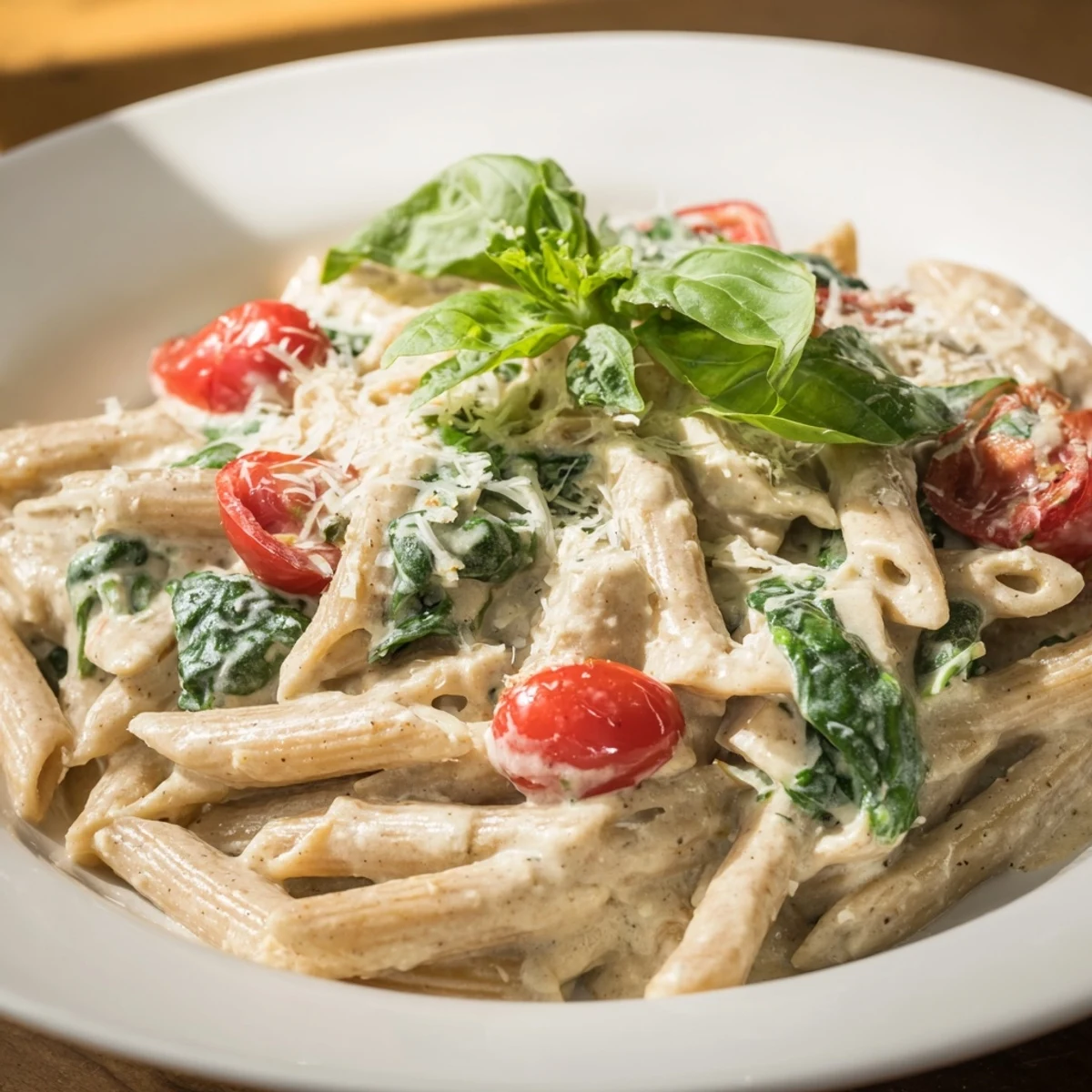 Close-up of creamy Cottage Cheese High-Protein Creamy Pasta, garnished with fresh basil.