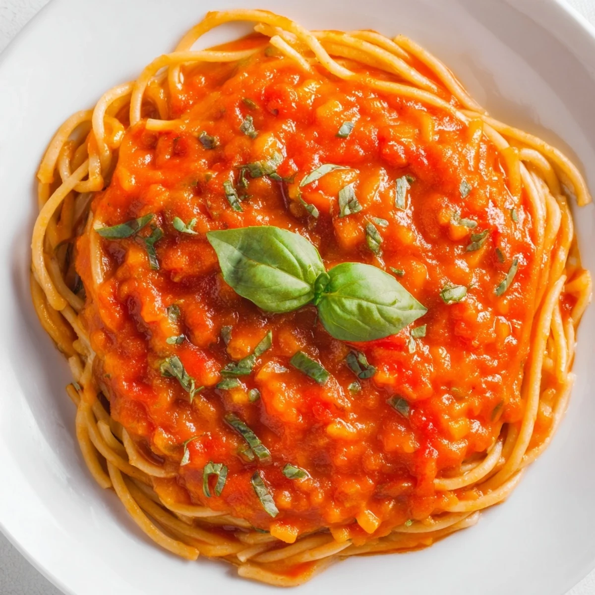 Close-up of the smooth, deep red veggie-loaded tomato pasta sauce, perfect for family dinners.