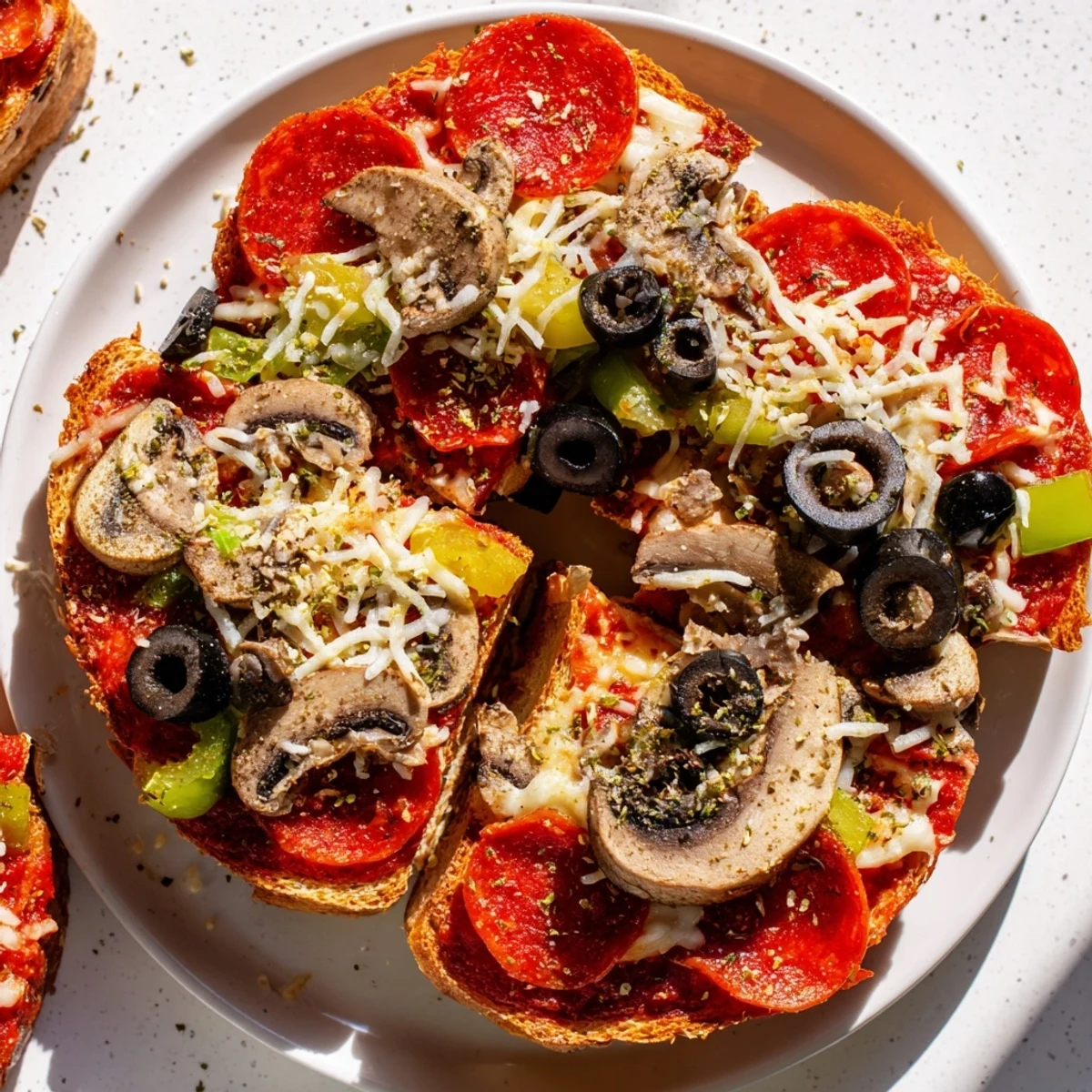 A close-up of delicious Air Fryer Pizza Toast, showcasing melted cheese, marinara, and fresh toppings.