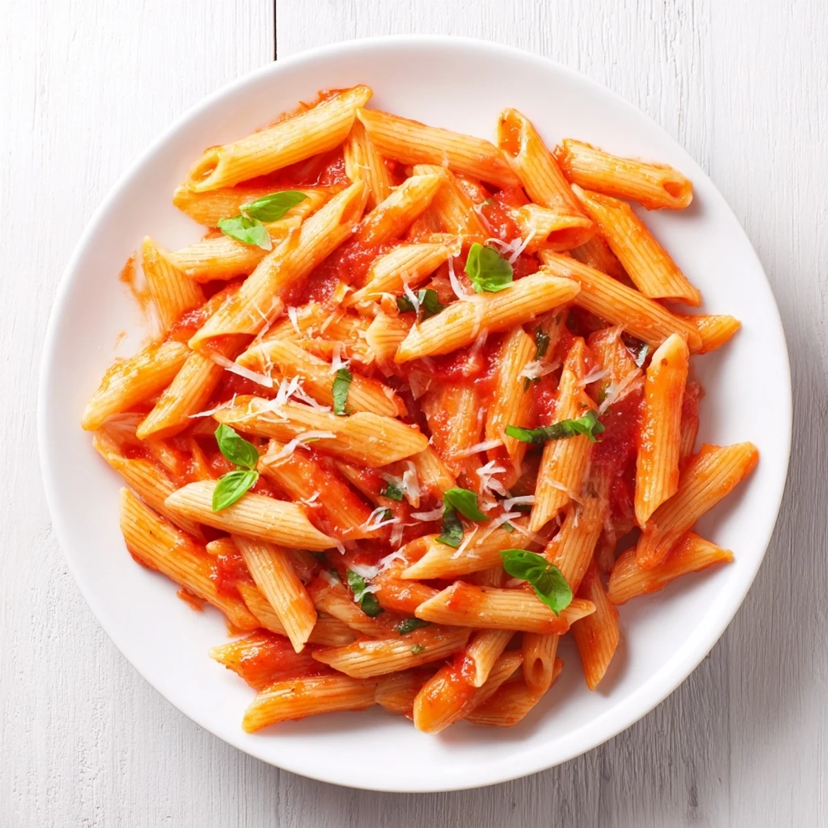 Steaming hot Microwave Bowl Pasta served with a vibrant red marinara sauce and fresh basil on top.