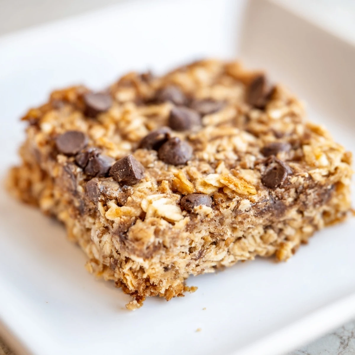 Square of warm Baked Oats That Taste Like Cake, speckled with chocolate chips, ready to slice and enjoy.