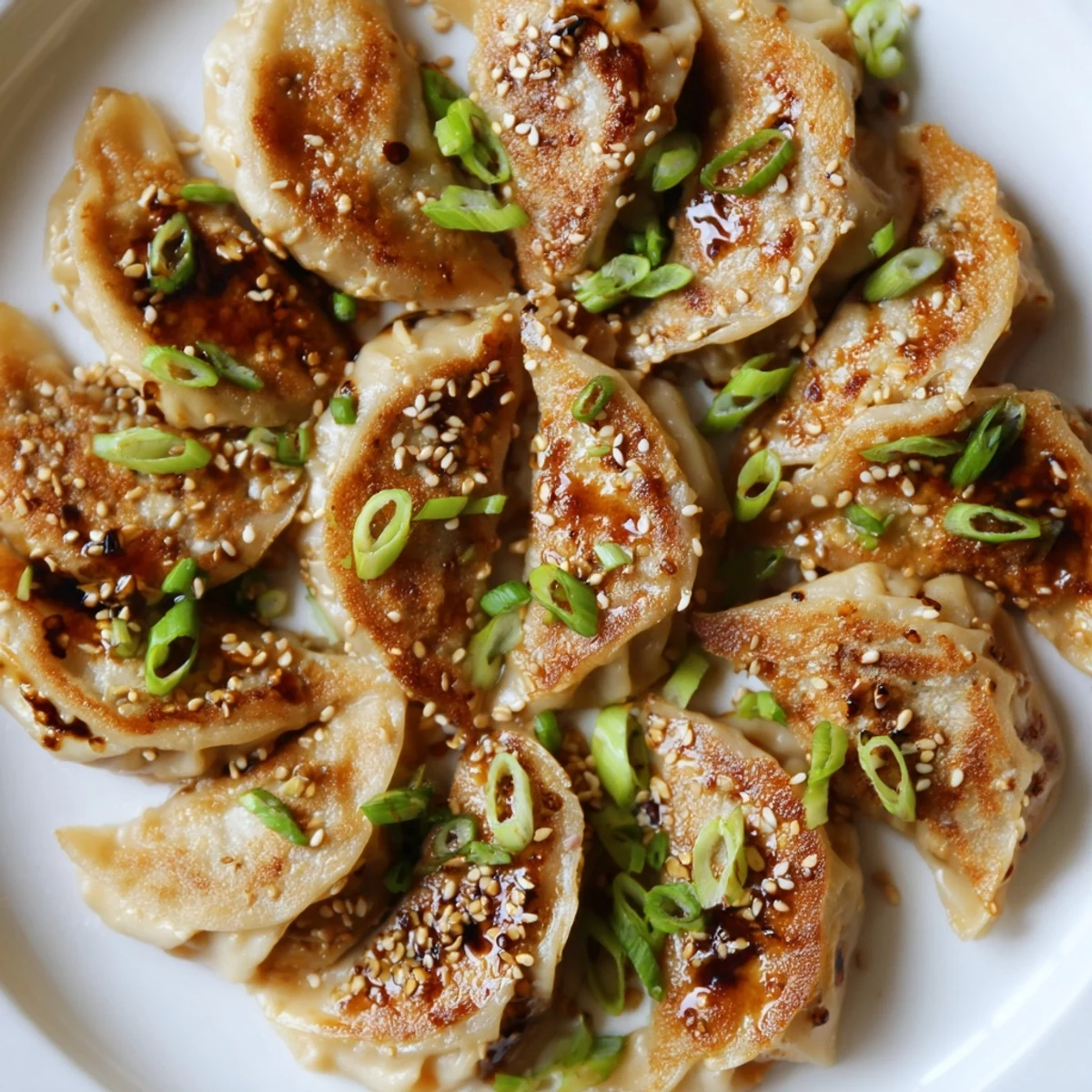 Crispy Air Fryer Frozen Dumplings glistening with sesame oil glaze, ready to enjoy as a snack.