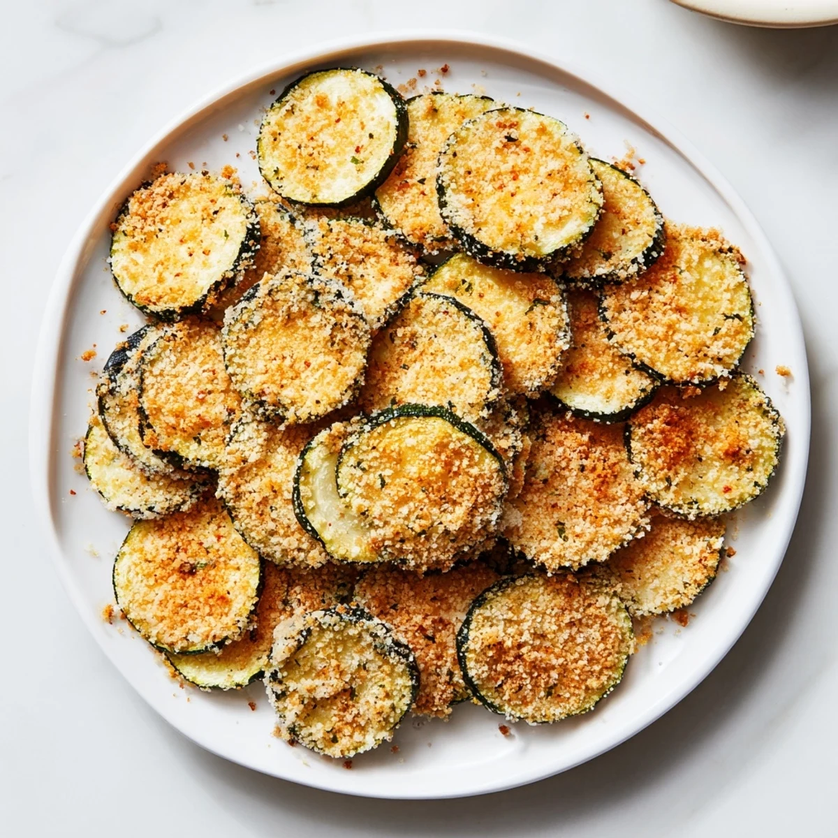 Golden, crispy, air-fried Zucchini Chips, a healthier snack option with delicious Parmesan flavor.
