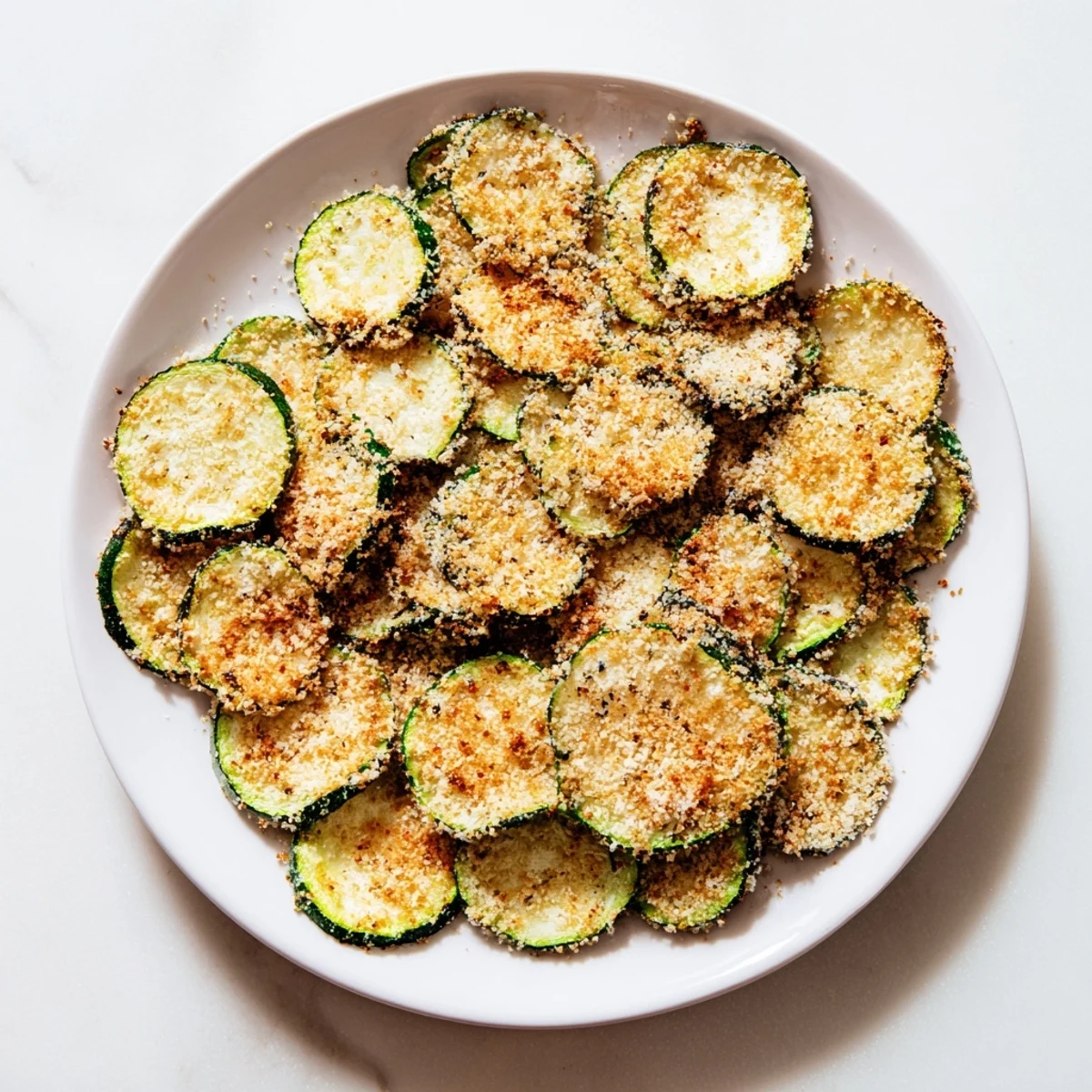 Close-up of perfectly breaded and golden brown Zucchini Chips, ready to be dipped and devoured.