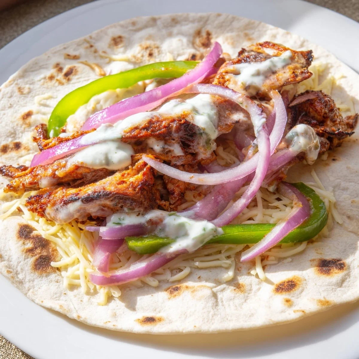 A close-up shot of a Tandoori Chicken Quesadilla, cut into wedges, ready to eat with a side of sauce.