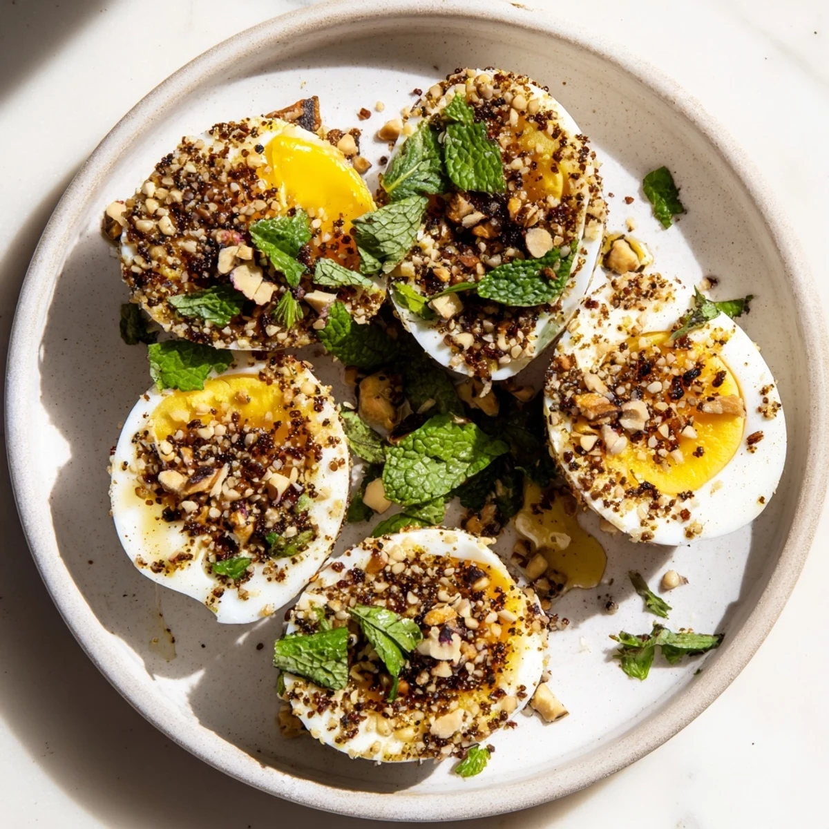 Golden-yolked Dukkah-Spiced Eggs, vibrant with fresh herbs and a fragrant Egyptian spice blend.