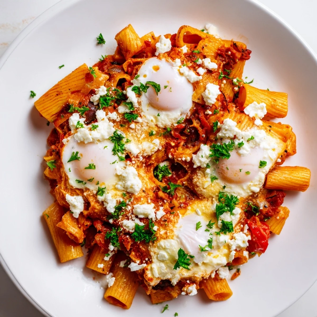Shakshuka Baked Pasta features golden, bubbly cheese with rich red tomato sauce and perfectly poached eggs.