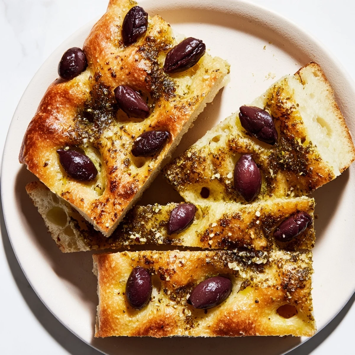 Golden-brown Zaatar Olive Focaccia, fragrant with herbs and olives, ready to be sliced and enjoyed.