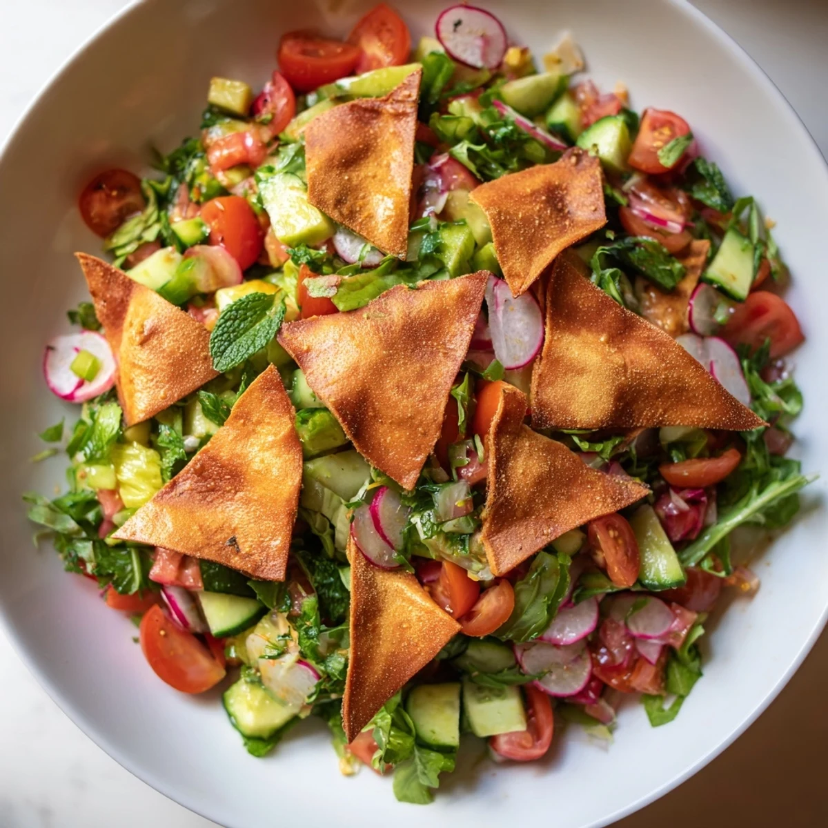 A refreshing bowl of Fattoush Crunch Salad with vibrant veggies and golden pita chips.