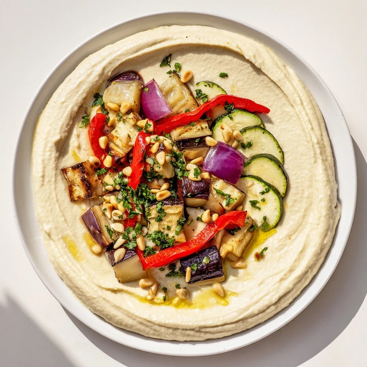Vibrant Hummus Roasted Veggies, smelling of cumin, with golden pine nuts scattered across the dish.