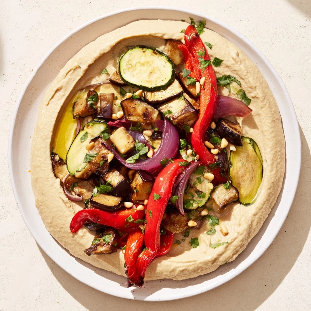 Enjoy a spoonful of Hummus Roasted Veggies; the creamy hummus contrasts beautifully with smoky roasted vegetables.