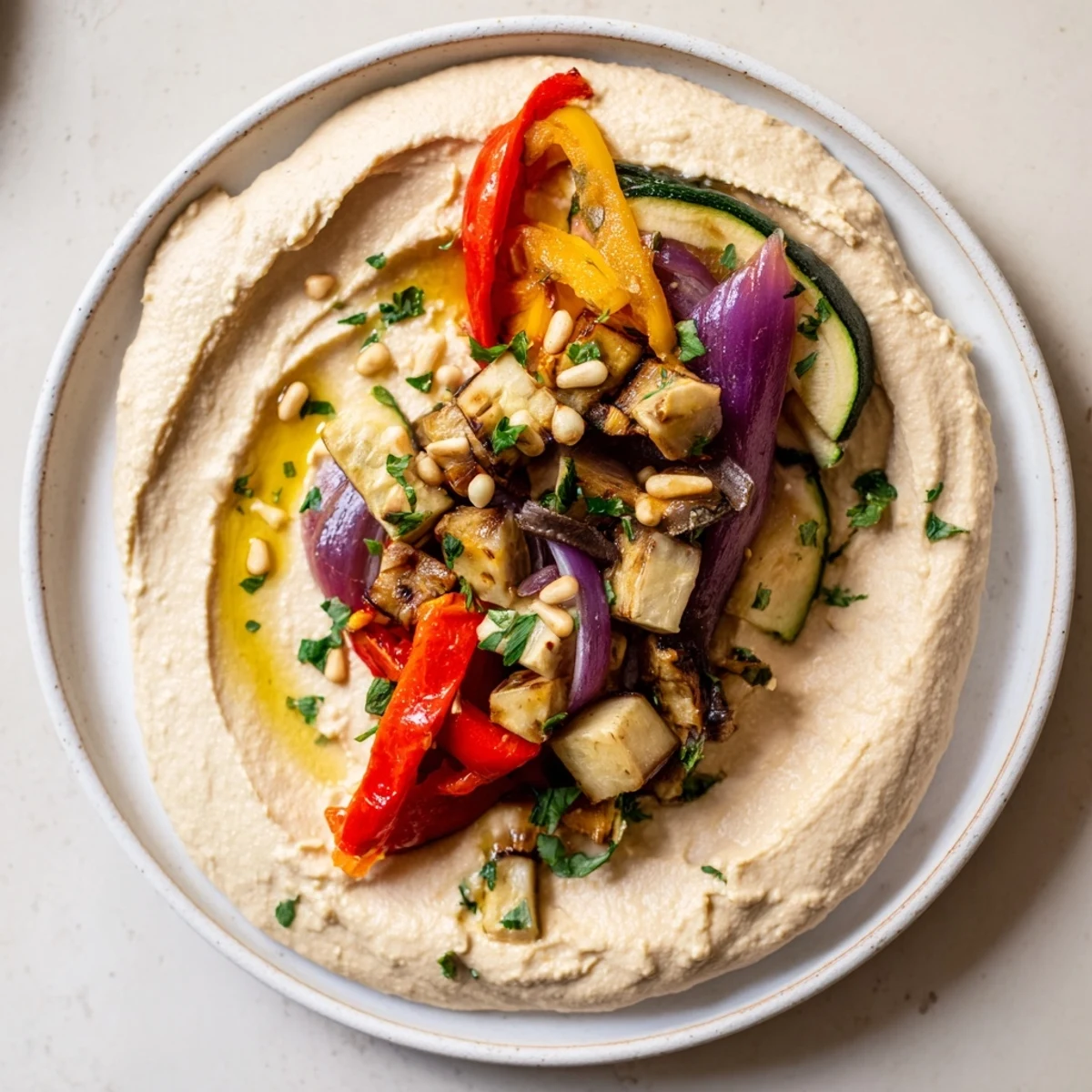 Hummus Roasted Veggies: A bright bowl features charred vegetables atop creamy hummus, a flavorful appetizer.