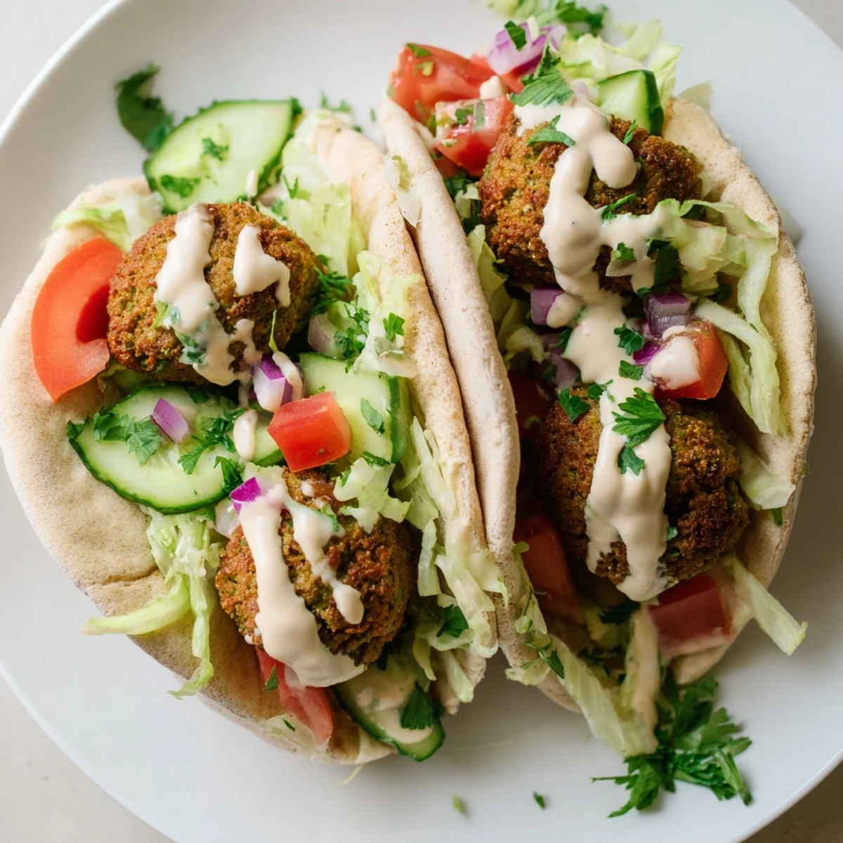 A close-up of a warm Falafel Pita Pocket filled with vibrant vegetables for a delicious lunch.