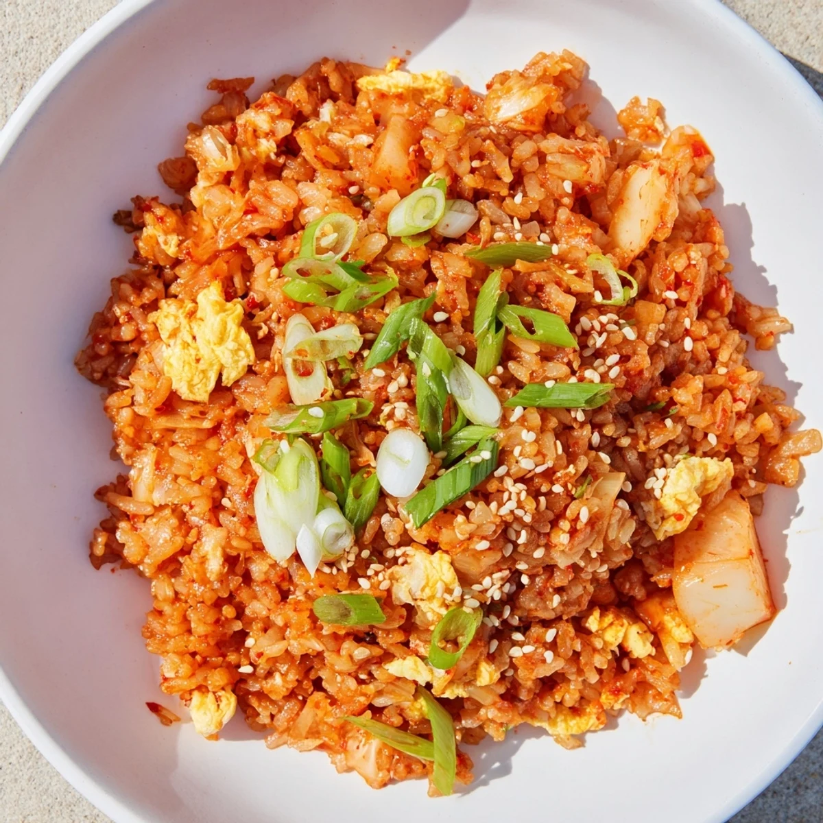 Steaming plate of Spicy Kimchi Fried Rice topped with sesame seeds and sliced green onions, served with a side of pickled radish.  