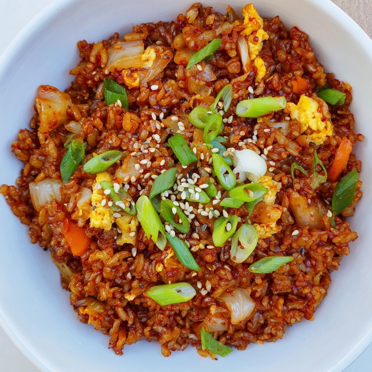 A close-up of golden, fluffy Spicy Kimchi Fried Rice with chunks of tangy kimchi and a softly scrambled egg mixed throughout.  