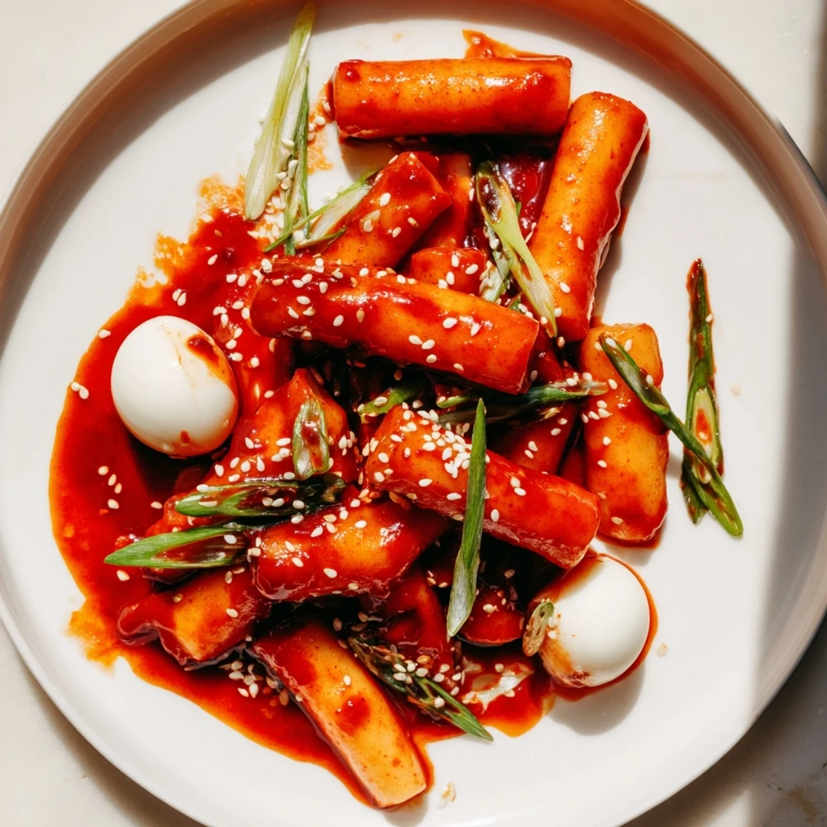 Steaming Korean tteokbokki simmered in spicy gochujang sauce, garnished with fresh green onions and sesame seeds for a classic street food experience.  