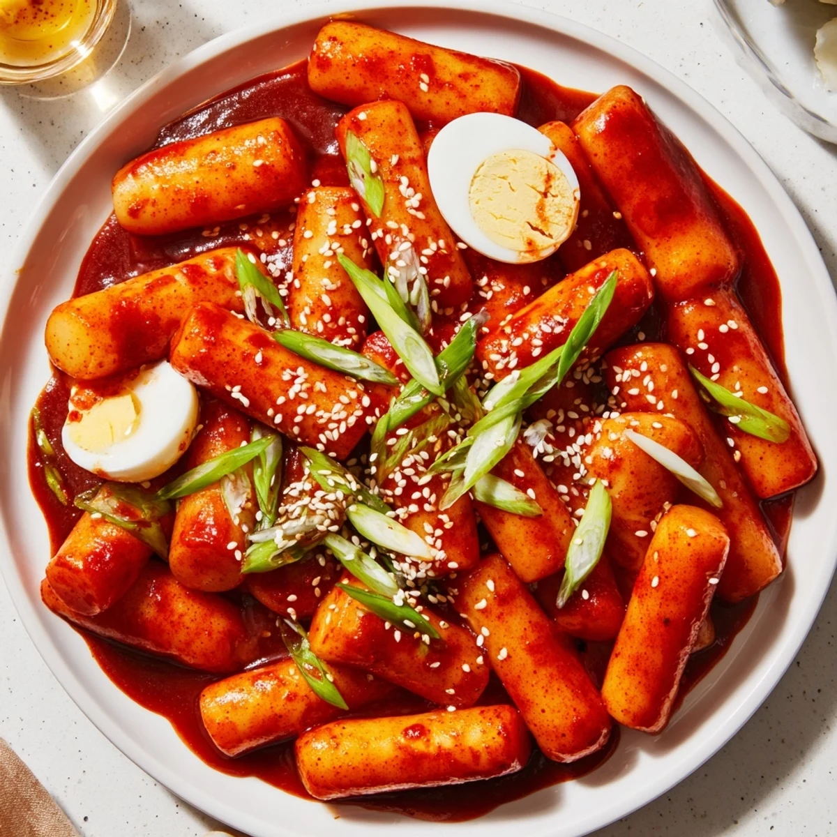 A vibrant bowl of homemade Korean tteokbokki, served hot with a sprinkle of sesame seeds and a side of pickled radish.