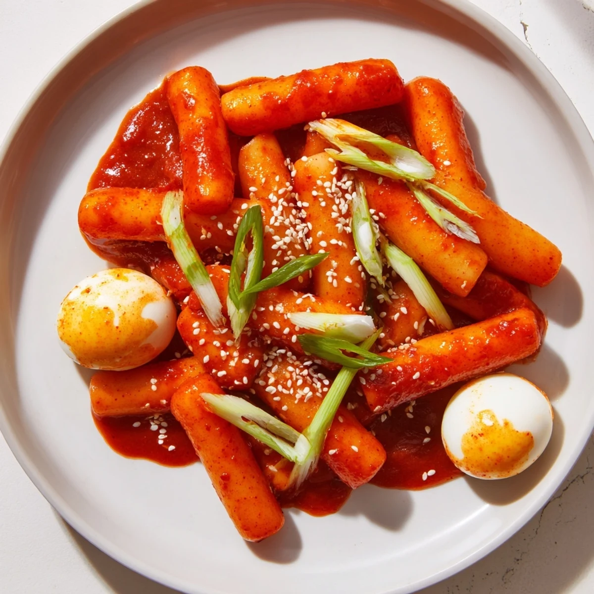 A close-up of chewy rice cakes coated in a glossy, sweet, and savory red sauce, with sliced onions and green onions for texture.  