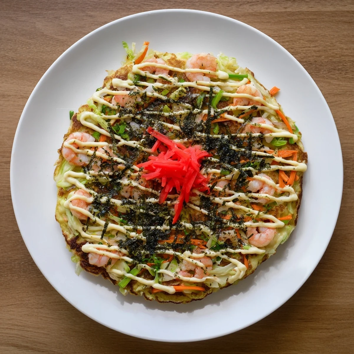 Golden-brown Japanese Okonomiyaki Pancakes sizzling on a griddle, topped with creamy mayo, tangy sauce, and dancing bonito flakes.