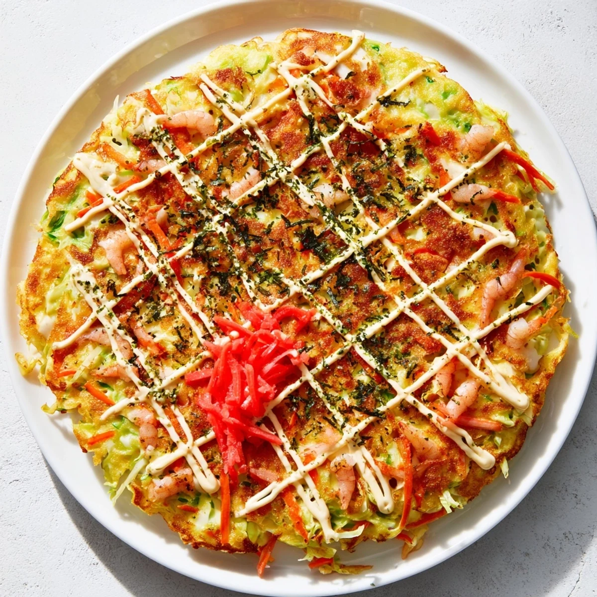 Hearty Japanese Okonomiyaki Pancakes served hot with shredded cabbage, bacon, and pickled ginger, ready for a delicious dinner.