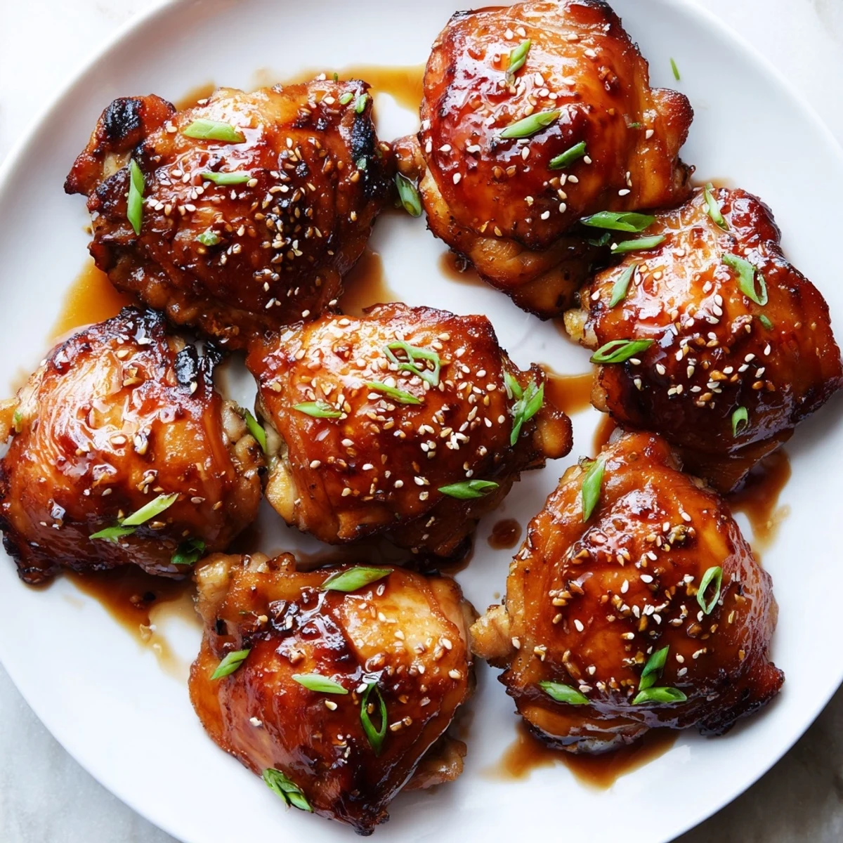 Golden-brown Honey Garlic Glazed Chicken thighs rest in a sticky, aromatic sauce, garnished with fresh parsley and sesame seeds on a rustic plate.
