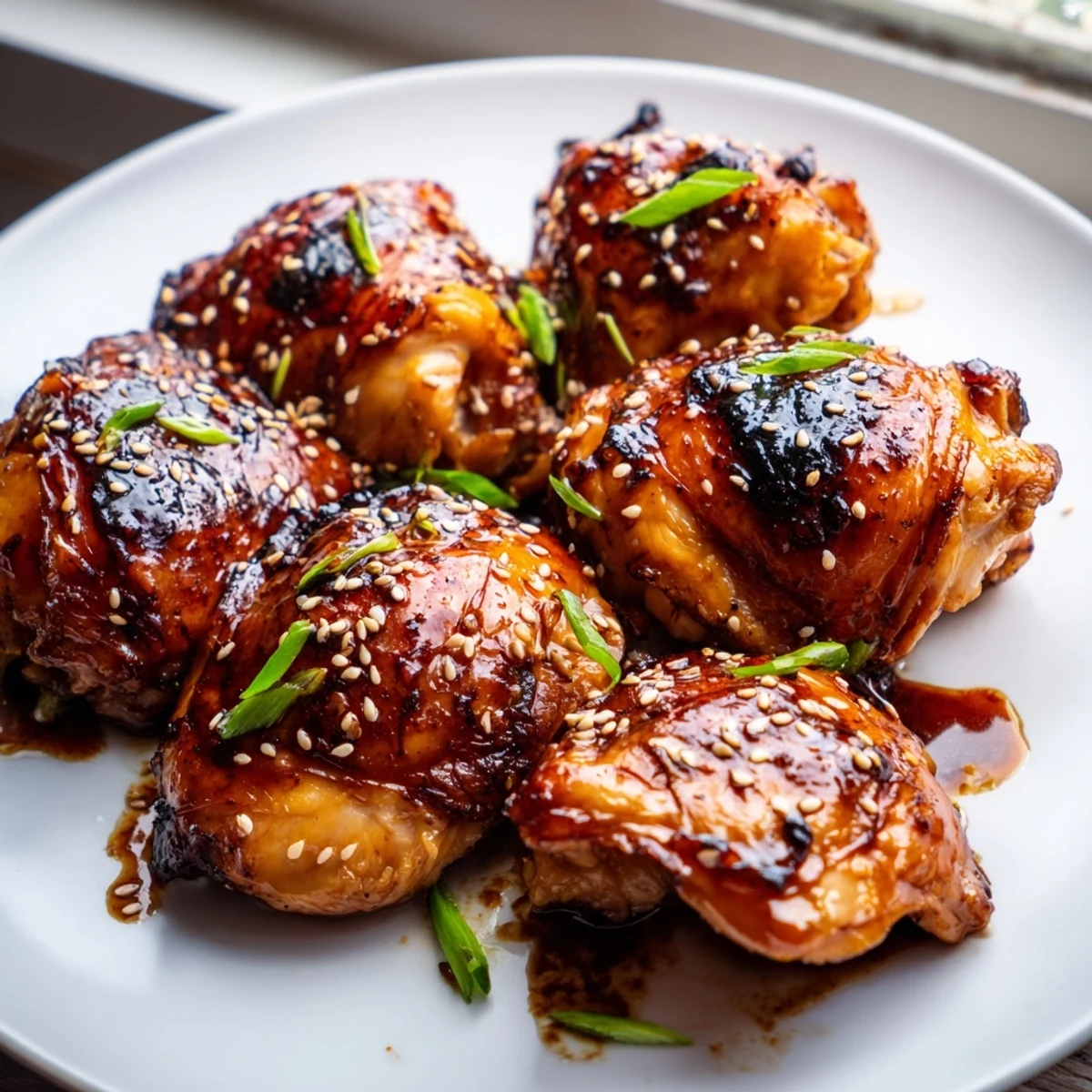 A close-up of tender Honey Garlic Glazed Chicken reveals glossy, sweet-savory sauce clinging to juicy meat and crispy skin, with green onions scattered on top.