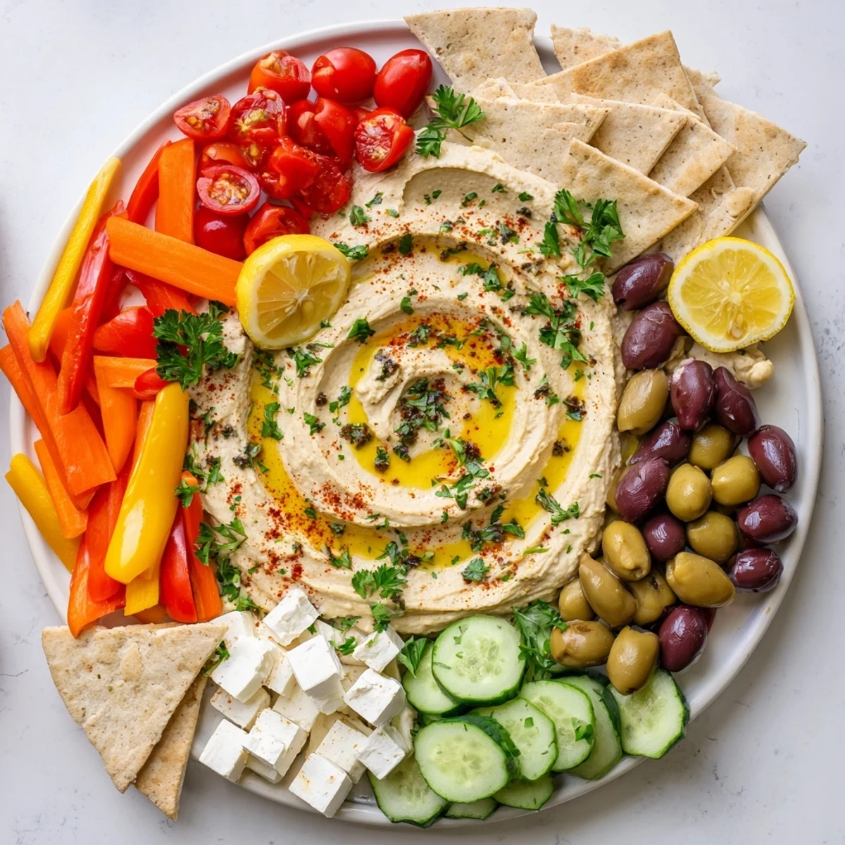 Vibrant Middle Eastern Mezze Platter with creamy hummus, crisp veggies, olives, and warm pita, arranged for sharing.  