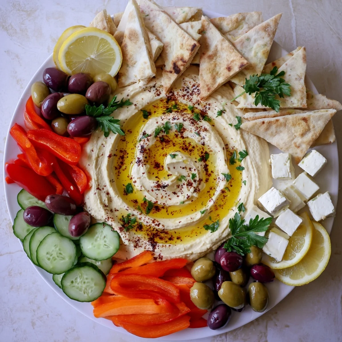 Fresh Middle Eastern Mezze Platter topped with feta, olives, and colorful vegetables beside hummus and pita wedges.  