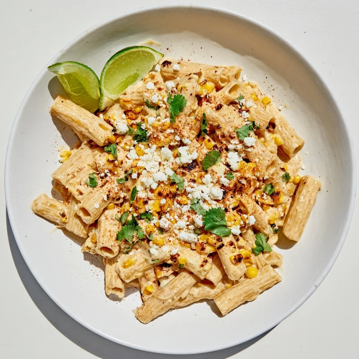 Creamy Mexican Street Corn Pasta with golden charred corn, cotija cheese, and fresh cilantro in a skillet.  