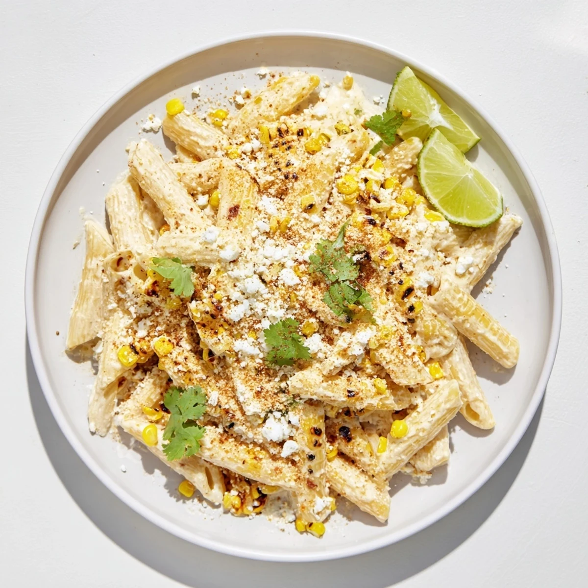 Savory Mexican Street Corn Pasta topped with crumbled cotija, Tajín, and lime wedges for a bright finish.