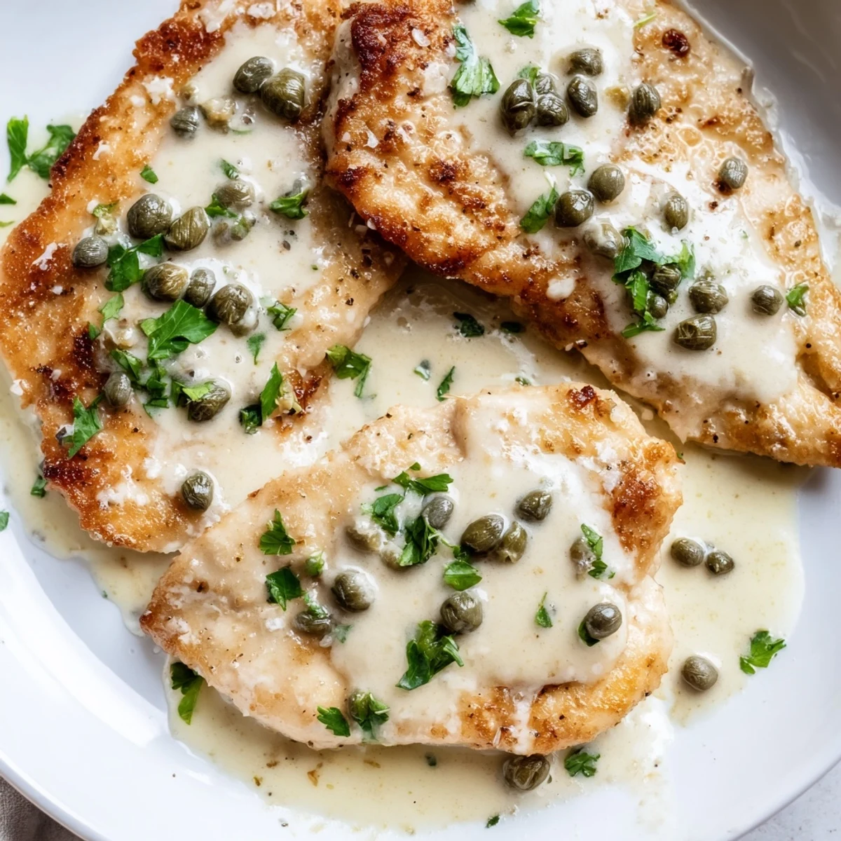 Tender pan-fried chicken breasts in a rich, creamy lemon and caper sauce, served over steamed pasta.  