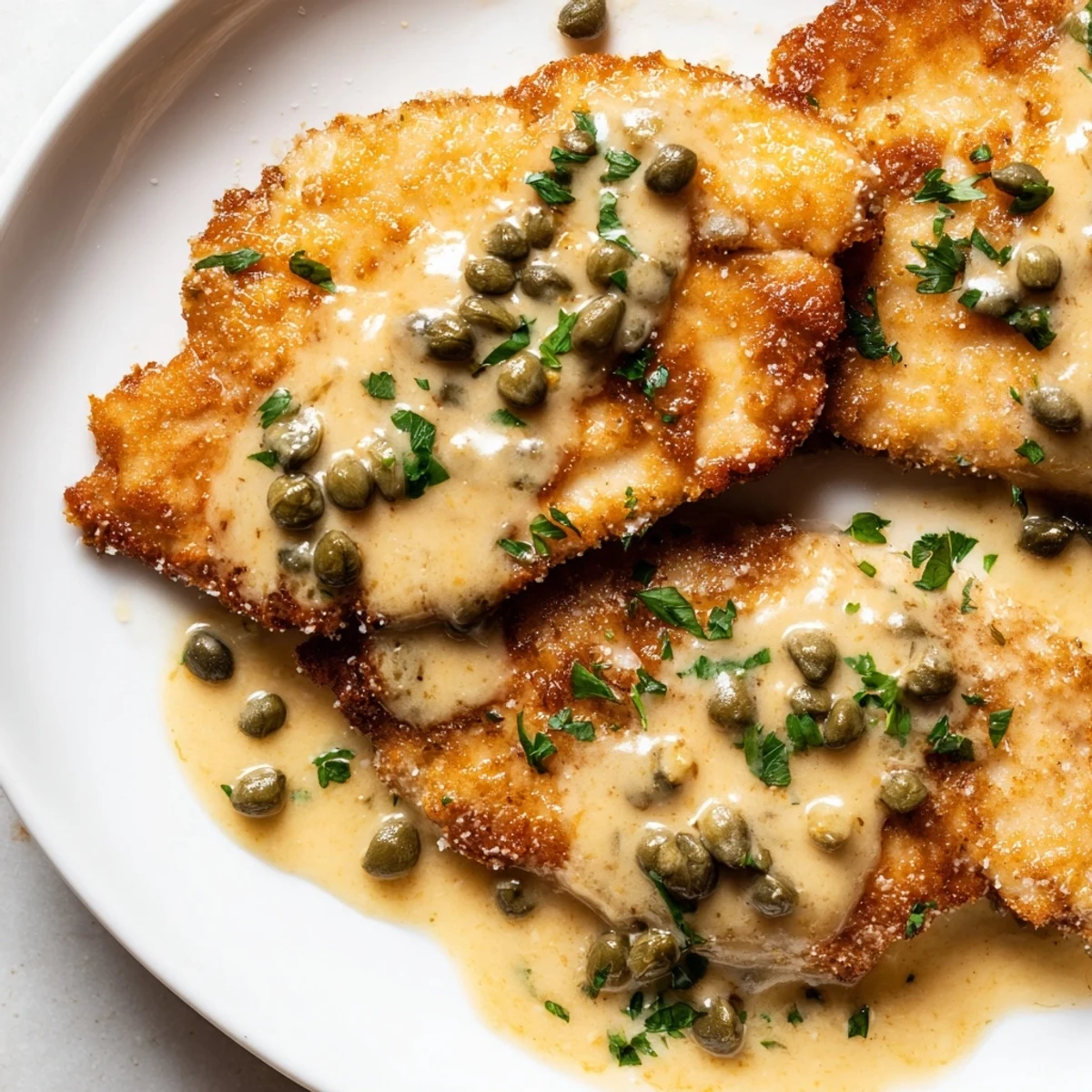 Golden brown chicken piccata topped with fresh parsley and bright, tangy lemon wedges on a rustic plate.  
