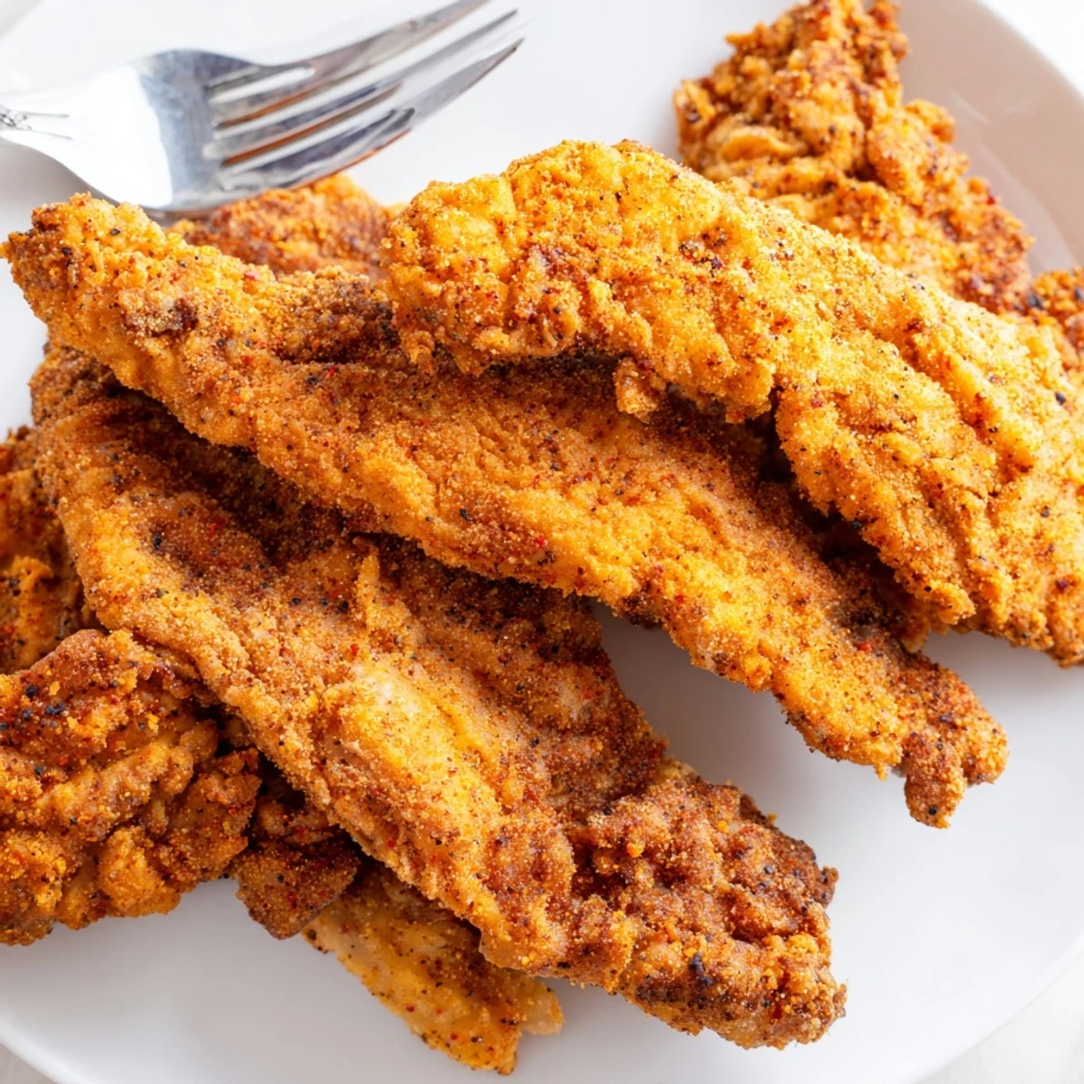 Juicy Crispy Fried Chicken Tenders are piled high on a rustic wooden board, served with a side of creamy honey mustard dipping sauce.