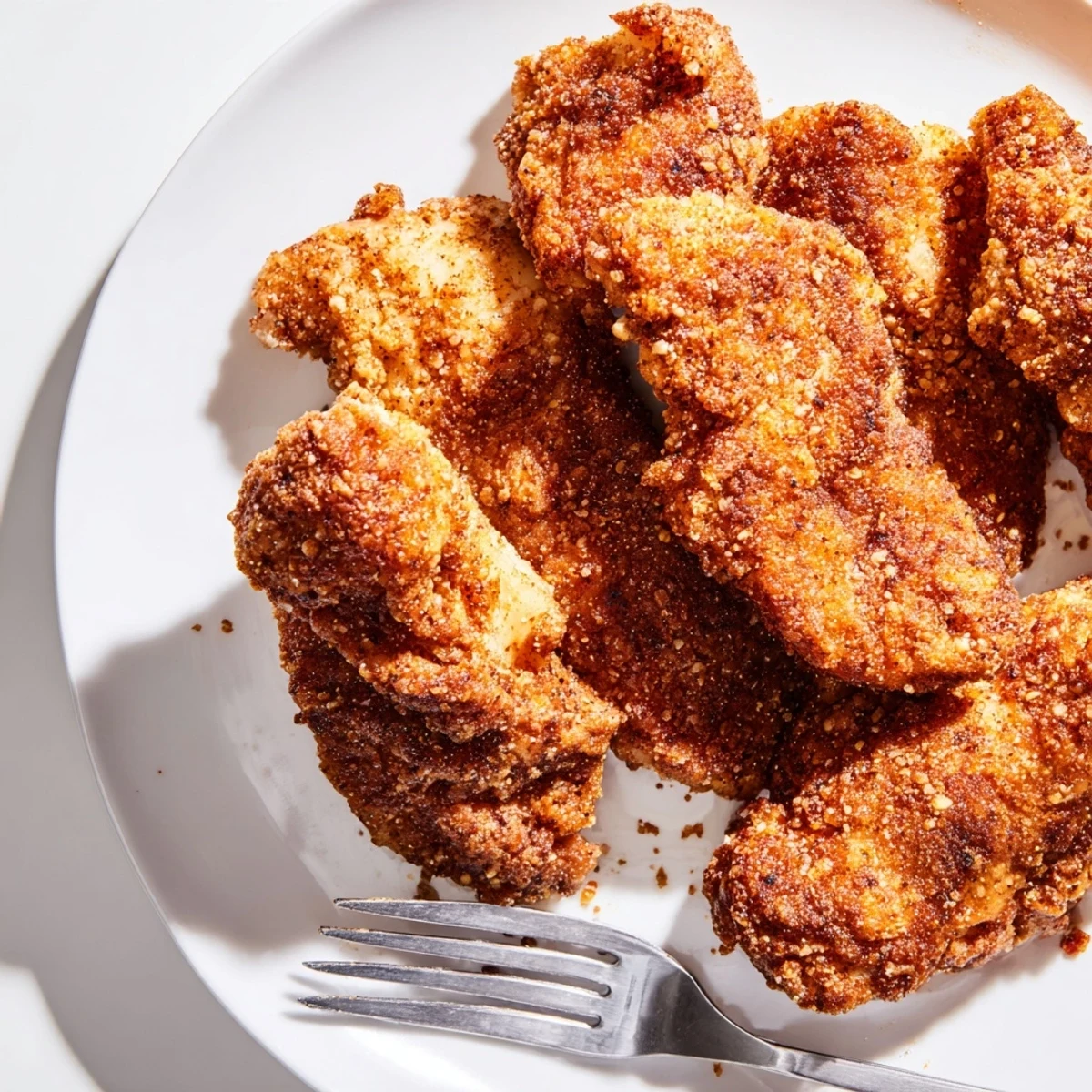 Perfectly golden Crispy Fried Chicken Tenders sit atop parchment paper, showcasing the crunchy flour coating next to a fresh lemon wedge.
