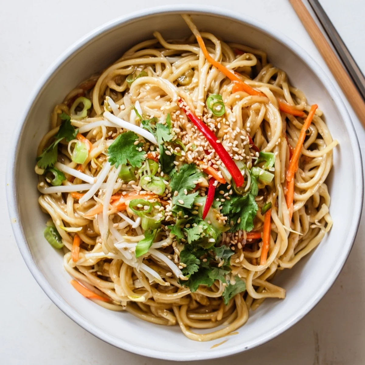 Freshly cooked Asian Garlic Noodle Bowl topped with cilantro and chili slices, perfect for dinner.
