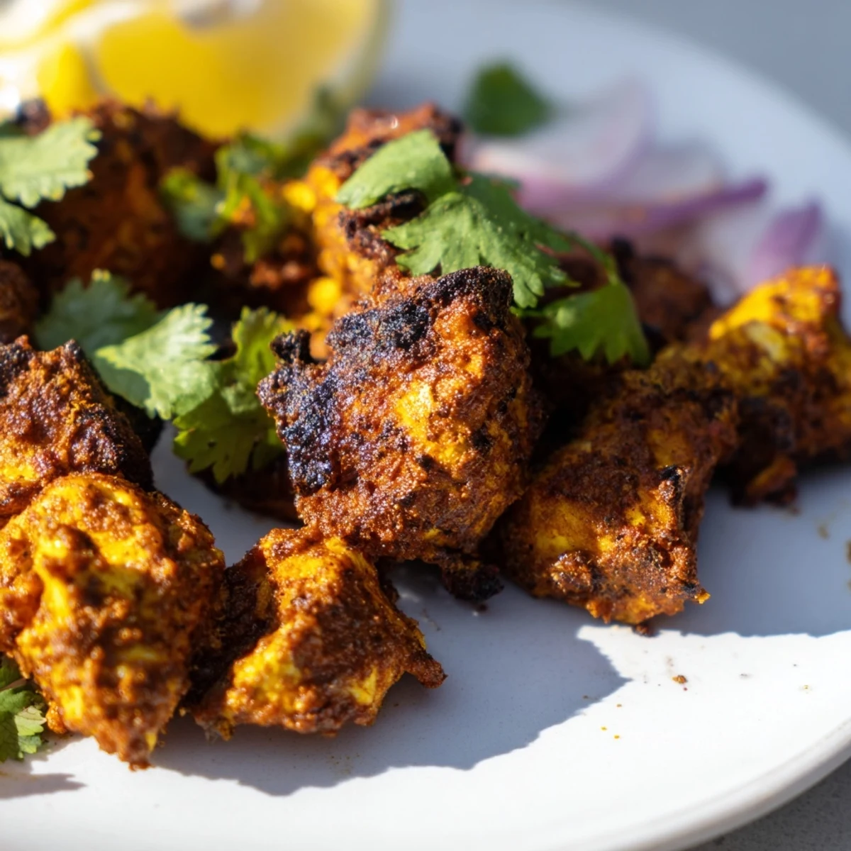 Golden-brown roasted Indian Tikka Spiced Chicken thighs fresh from the oven with a charred edge.