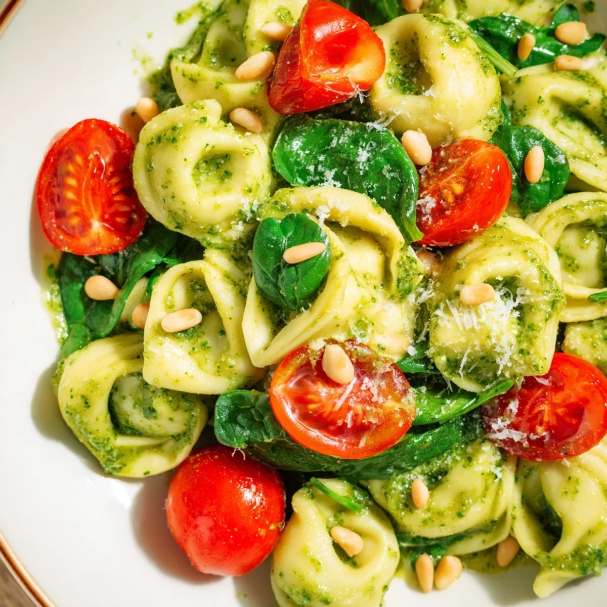 Close-up of Pesto Tortellini Salad with halved cherry tomatoes, baby spinach, and toasted pine nuts on a white plate.  