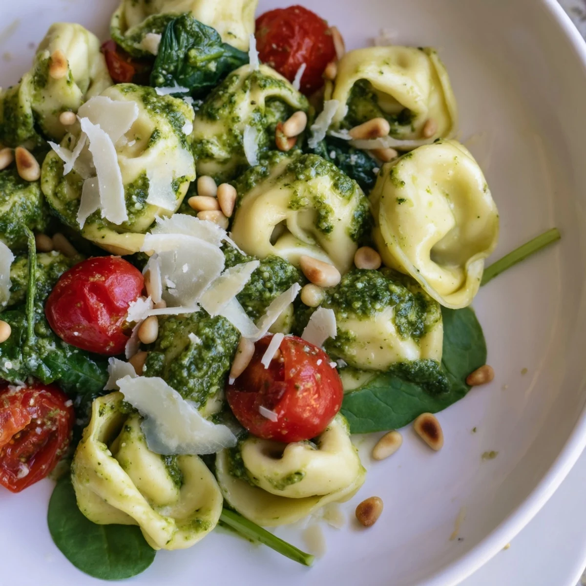 A serving of Pesto Tortellini Salad garnished with grated Parmesan, ready for a summer picnic or potluck.  
