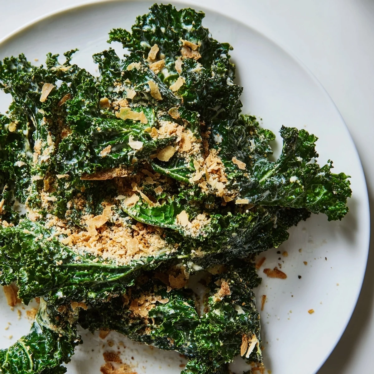 Garlic Parmesan Kale Salad with creamy dressing, massaged greens, and golden toasted breadcrumbs.